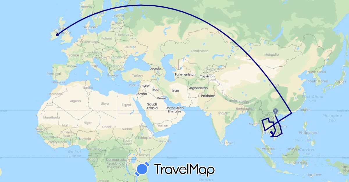 TravelMap itinerary: driving in China, Ireland, Cambodia, Laos, Thailand, Vietnam (Asia, Europe)